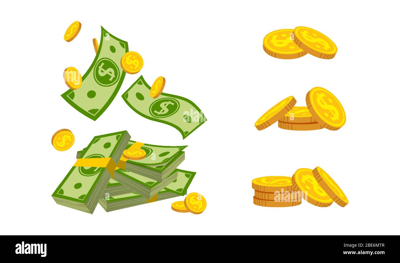 Pocket cash, money pile coin flat cartoon, small set. Gold coins heap