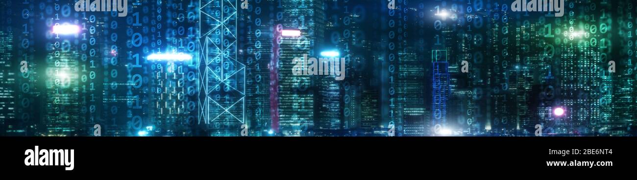 Binary computer code virtual city skyline. Matrix Mixed Media Background. Stock Photo