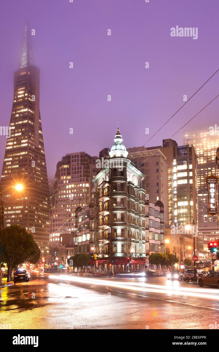San Francisco, California, United States - Columbus Avenue with Sentinel building and Transamerica Pyramid Building. Stock Photo