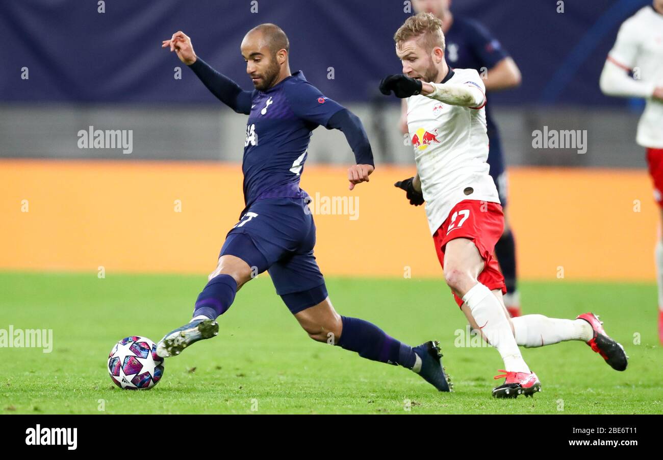 Leipzig, Germany. 10th Mar, 2020. Football: Champions League, Round of 16, RB Leipzig - Tottenham Hotspur in the Red Bull Arena. Tottenham's Lucas Moura (l) and Leipzig's Konrad Laimer on the ball. Credit: Jan Woitas/dpa-Zentralbild/dpa/Alamy Live News Stock Photo