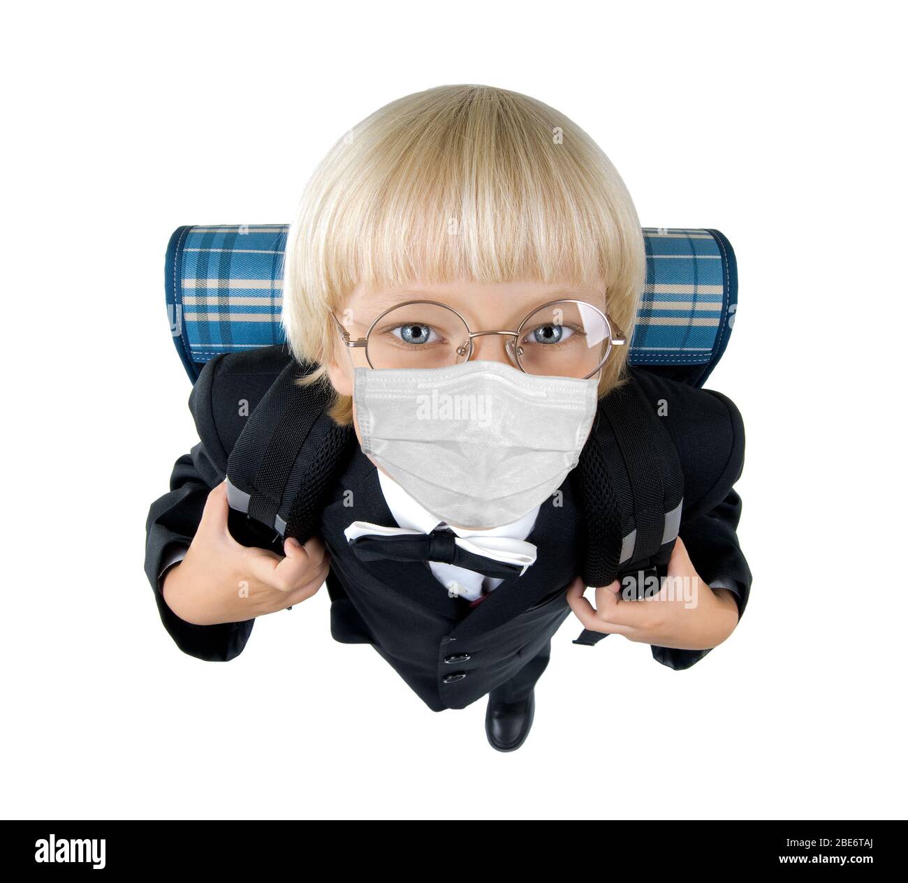 little children schoolboy in protective medical mask , on white ...