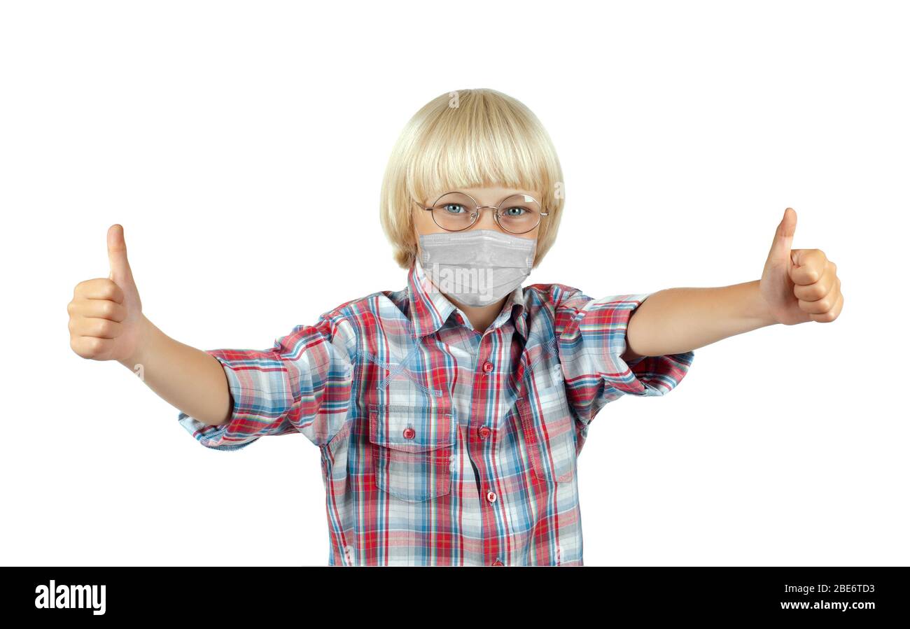 concept coronavirus epidemic, little children schoolboy in protective medical mask , on white background, isolated Stock Photo