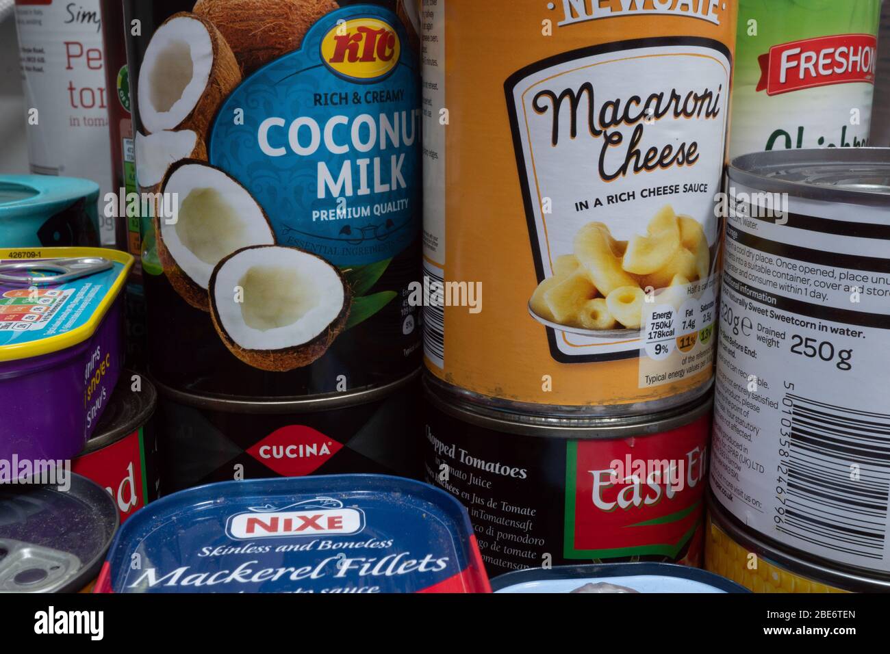 Stack of tinned food. April 2020. UK Stock Photo