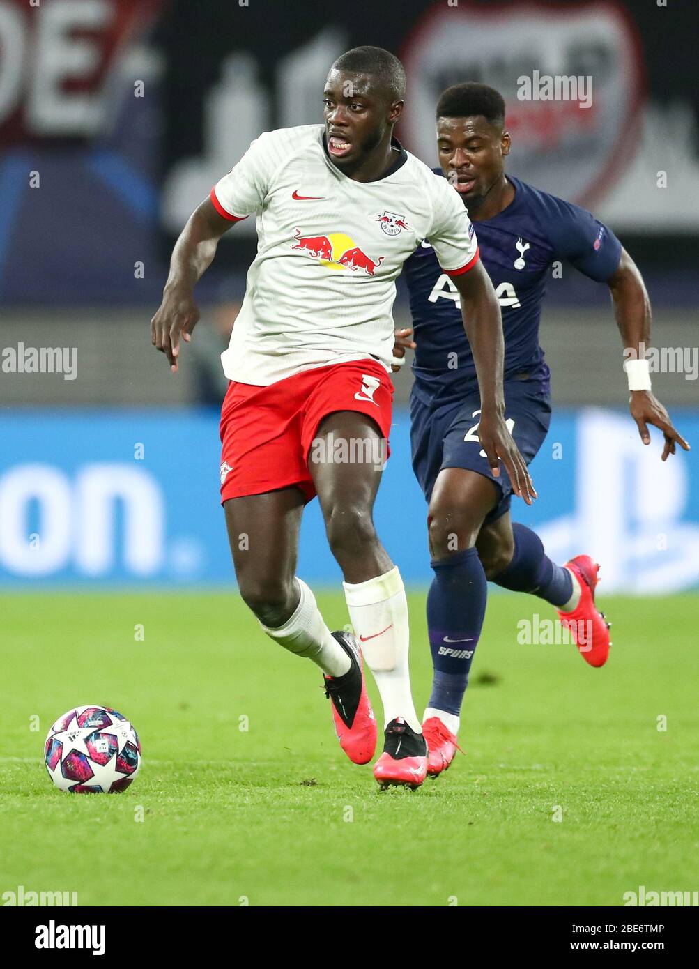 Leipzig, Germany. 10th Mar, 2020. Football: Champions League, Round of 16, RB Leipzig - Tottenham Hotspur in the Red Bull Arena. Leipzig's player Dayot Upamecano (l) and Tottenhams Serge Aurier on the ball. Credit: Jan Woitas/dpa-Zentralbild/dpa/Alamy Live News Stock Photo