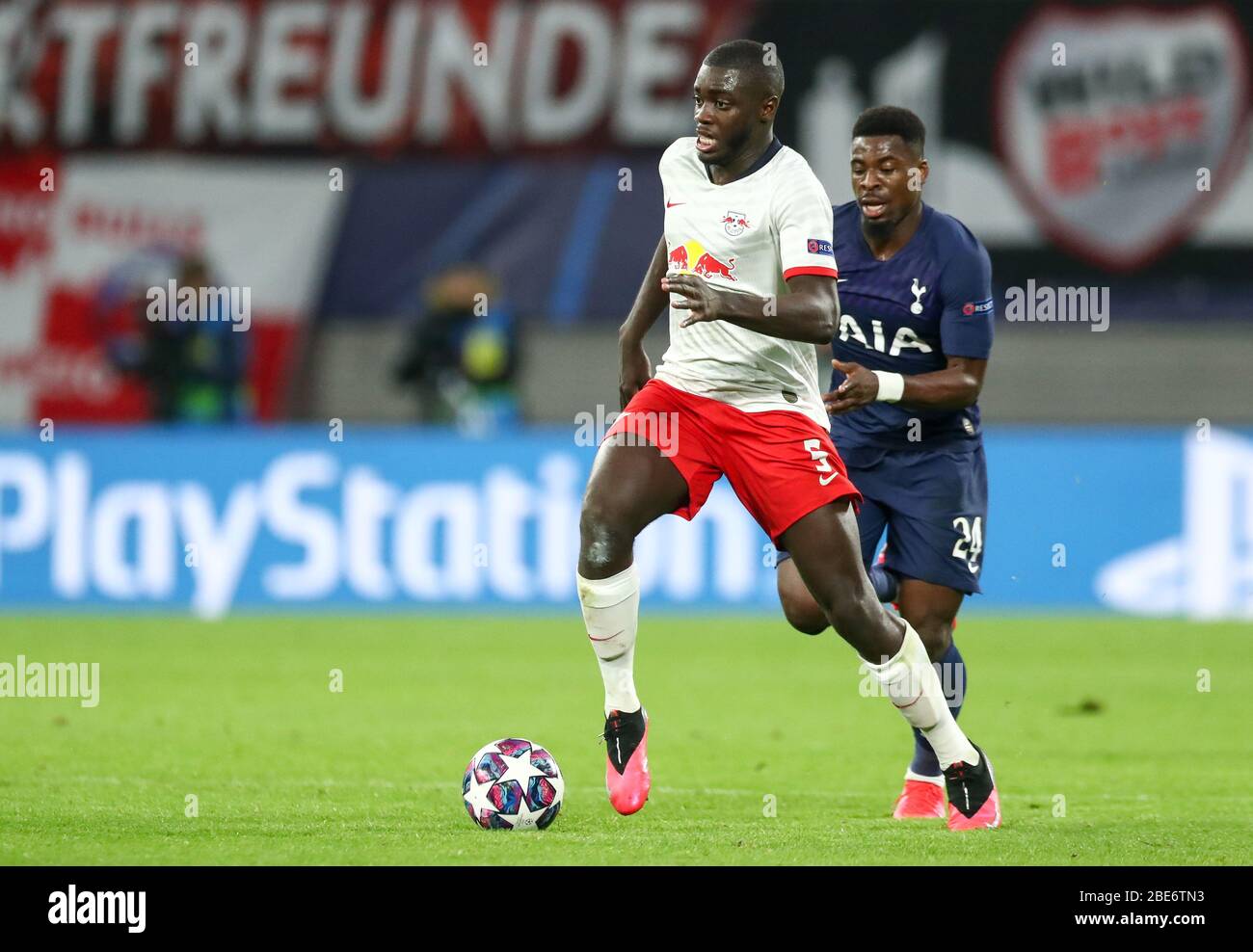 Leipzig, Germany. 10th Mar, 2020. Football: Champions League, Round of 16, RB Leipzig - Tottenham Hotspur in the Red Bull Arena. Leipzig's player Dayot Upamecano (l) and Tottenhams Serge Aurier on the ball. Credit: Jan Woitas/dpa-Zentralbild/dpa/Alamy Live News Stock Photo