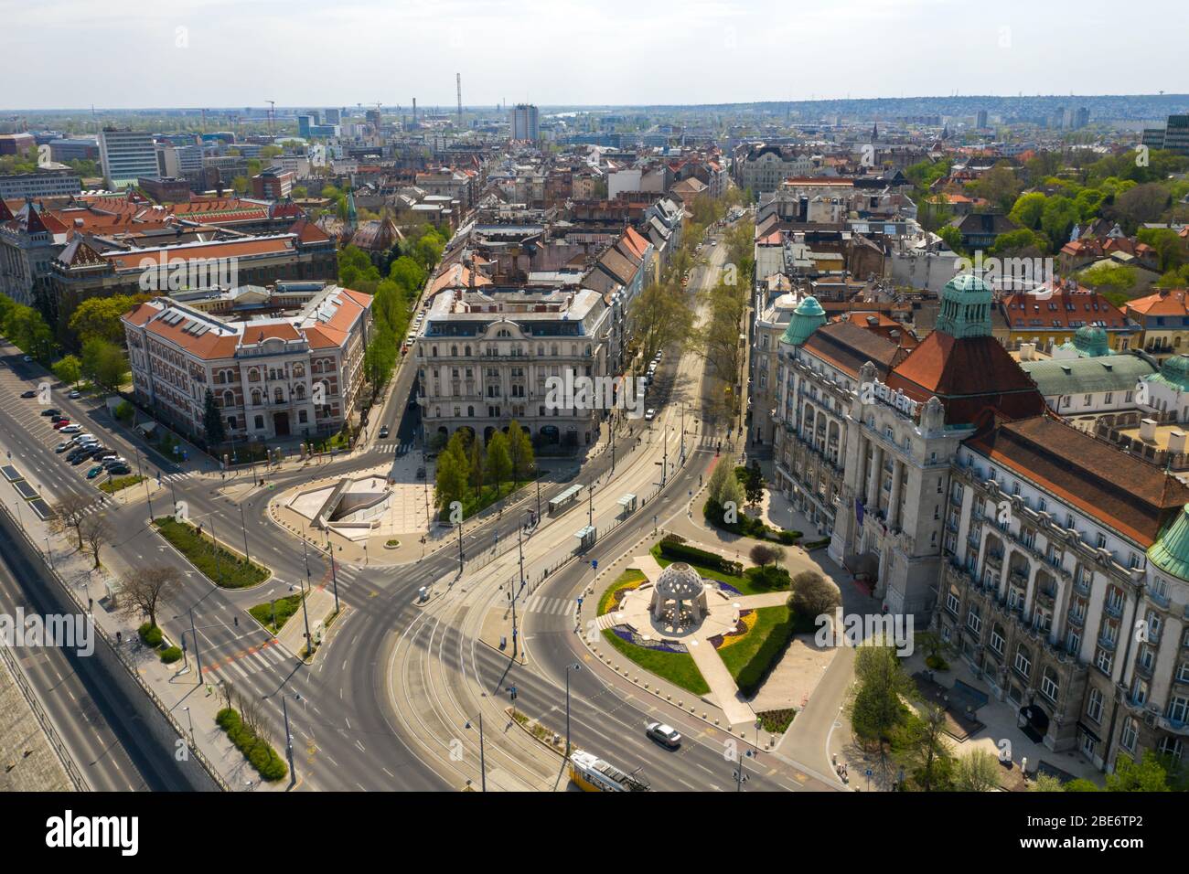 Budapest, Hungary - April 12, 2020: Empty streets in the city compared beacuse of the coronavirus. Stock Photo