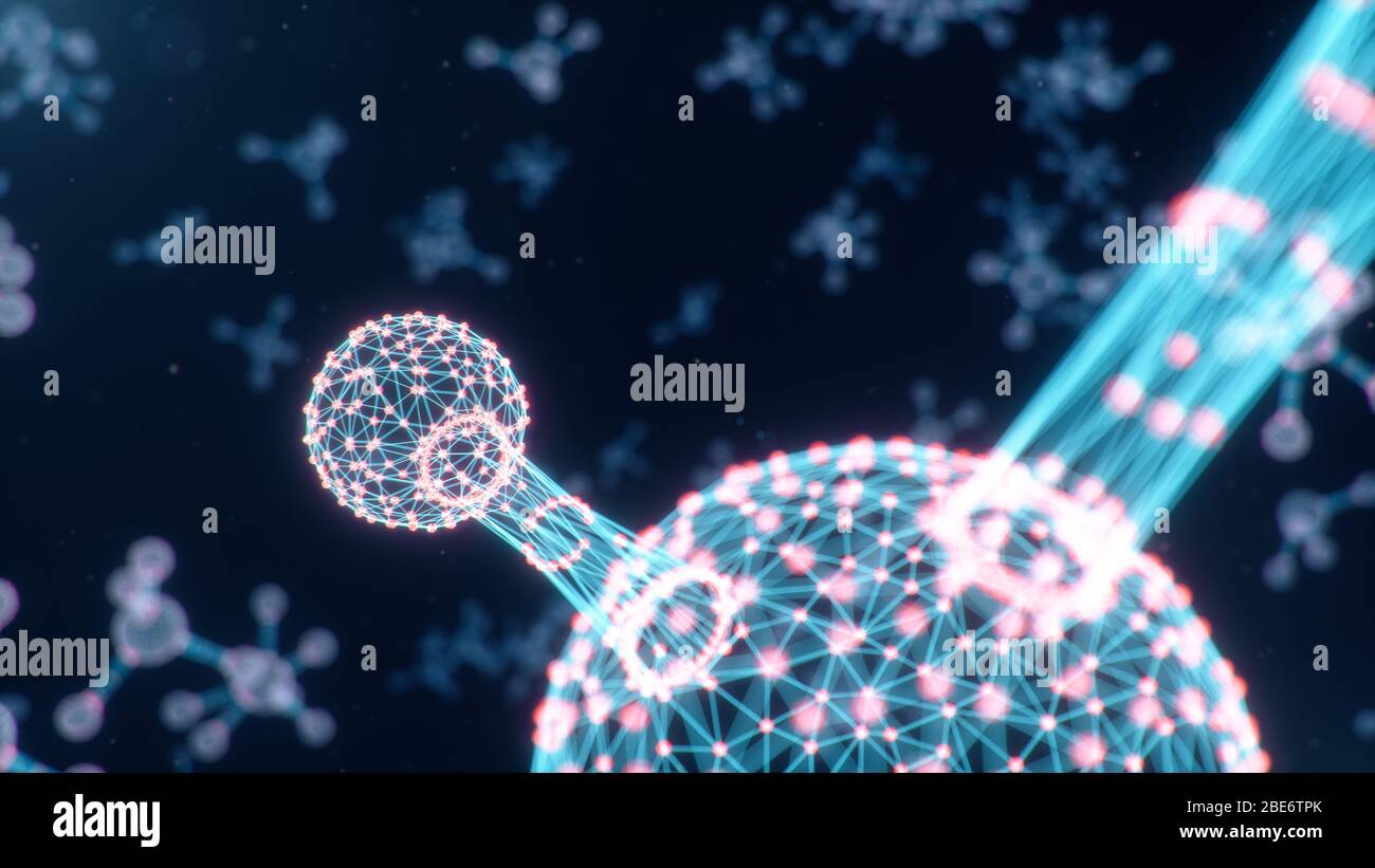 Digital molecules, atoms bacground. Grid structure, connection lines and dots. Molecule chemistry of connection lines and dots, 3D illustration Stock Photo