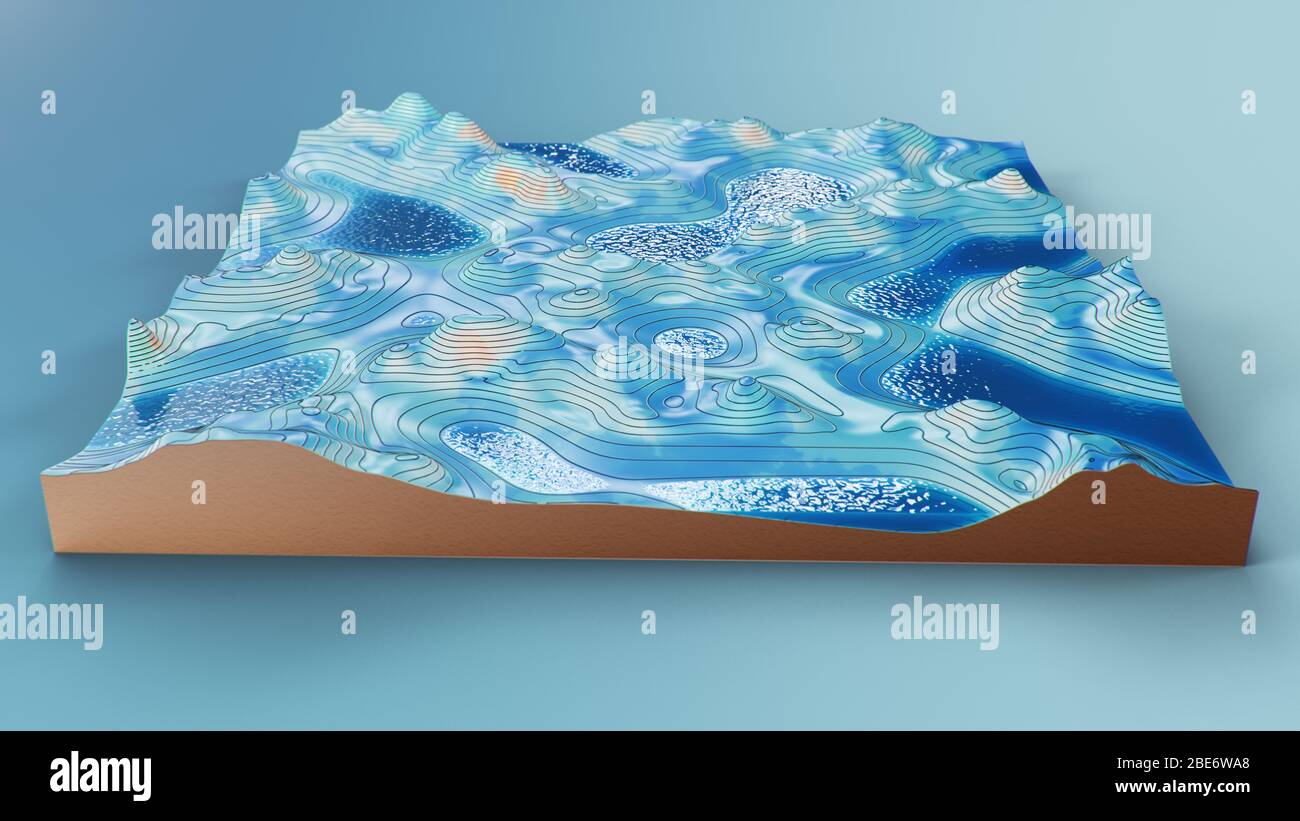 Cross section topographic 3D map with water. Contour lines on a