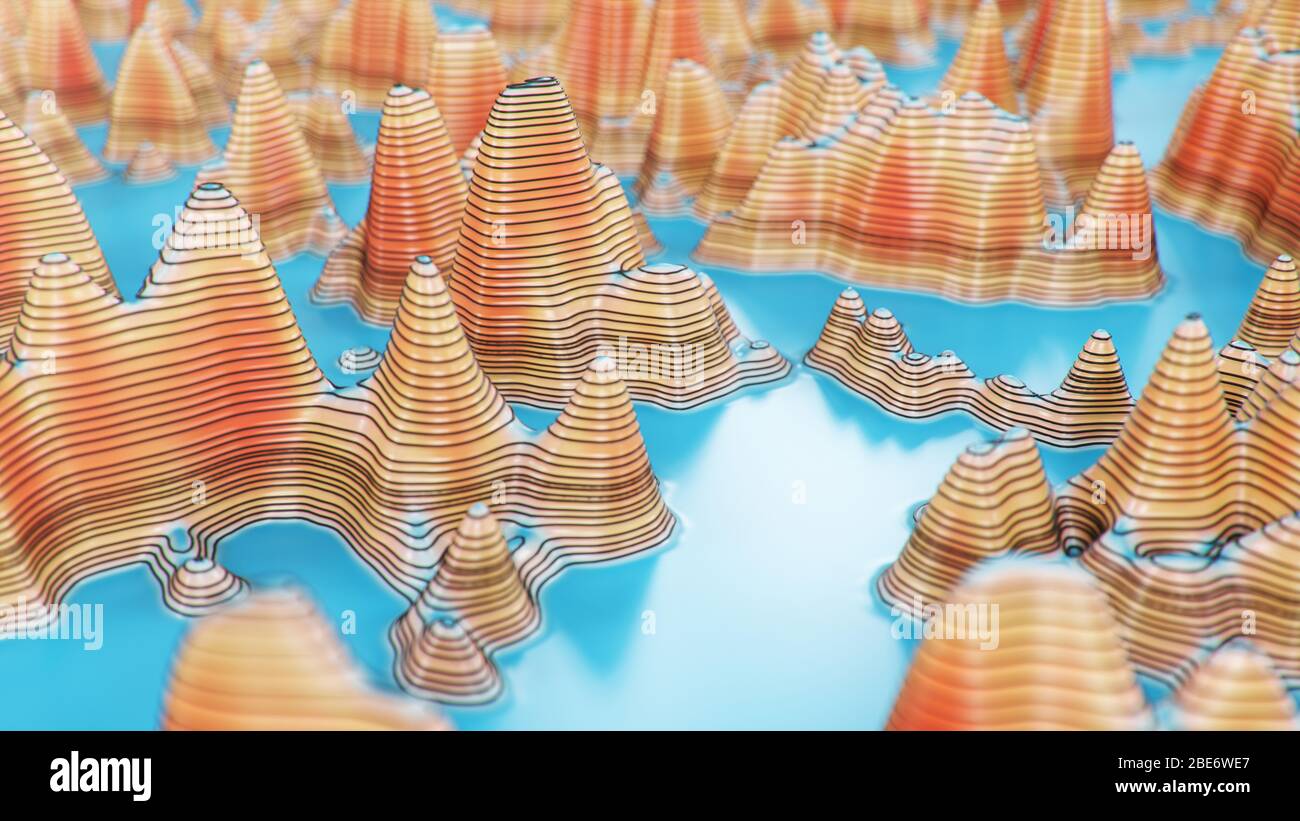 Topographic 3D map of dangerous mountain terrain. Contour lines on a ...