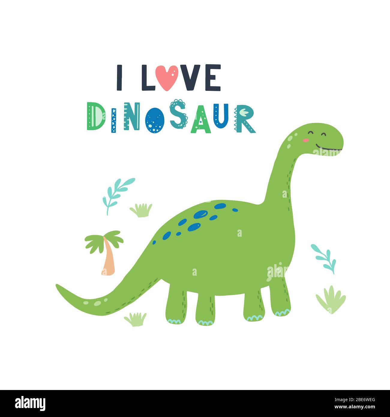 Cute dinosaur with lettering I love dinosaur for kids, baby t-shirt, greeting card design. Funny little dino of hand drawn style. Vector illustration of dinosaur isolated on background. Stock Vector