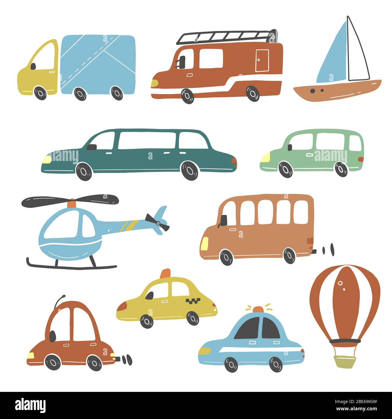 Set of cartoon cute kids and toy style cars and other transport, truck,  taxi, police car, fire truck, ship, helicopter, excavator, bus, air  balloon. Isolated vector illustration Stock Vector Image & Art -