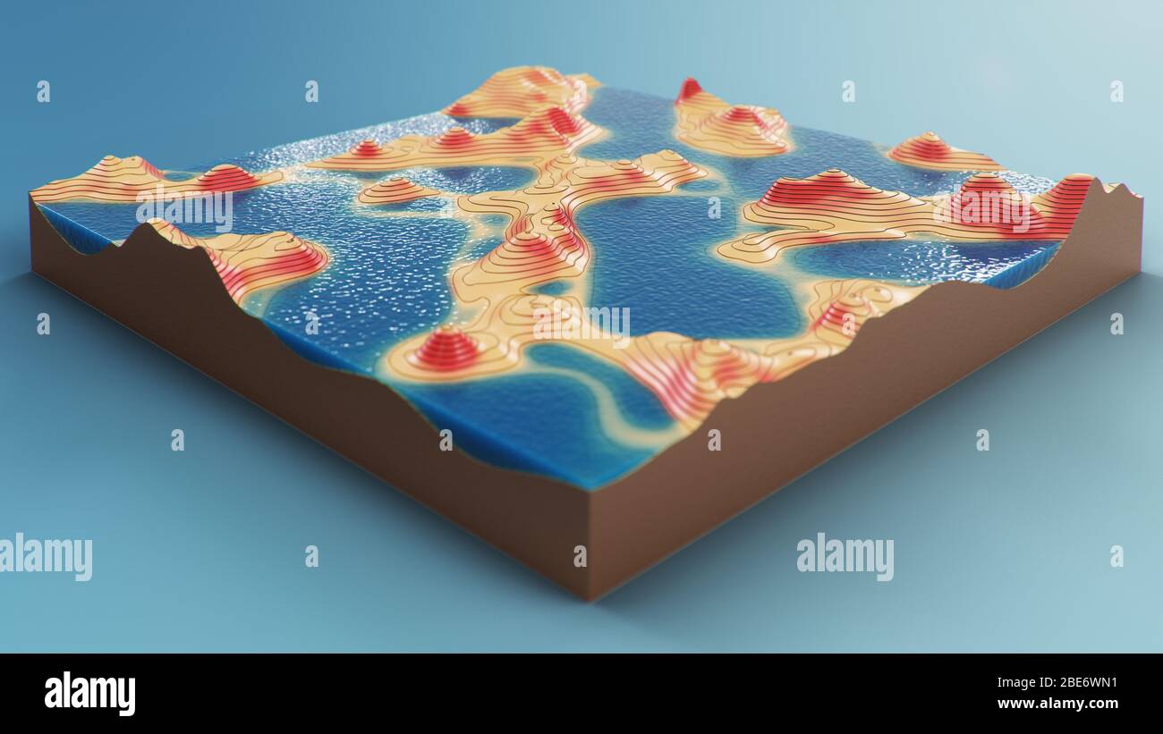 Cross section topographic 3D map with water. Contour lines on a