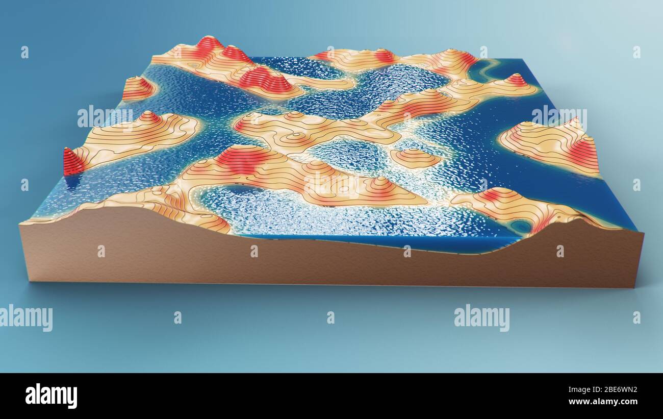 Cross section topographic 3D map with water. Contour lines on a topographic map. Studying the geography of the area: hills, mountains and plains Stock Photo