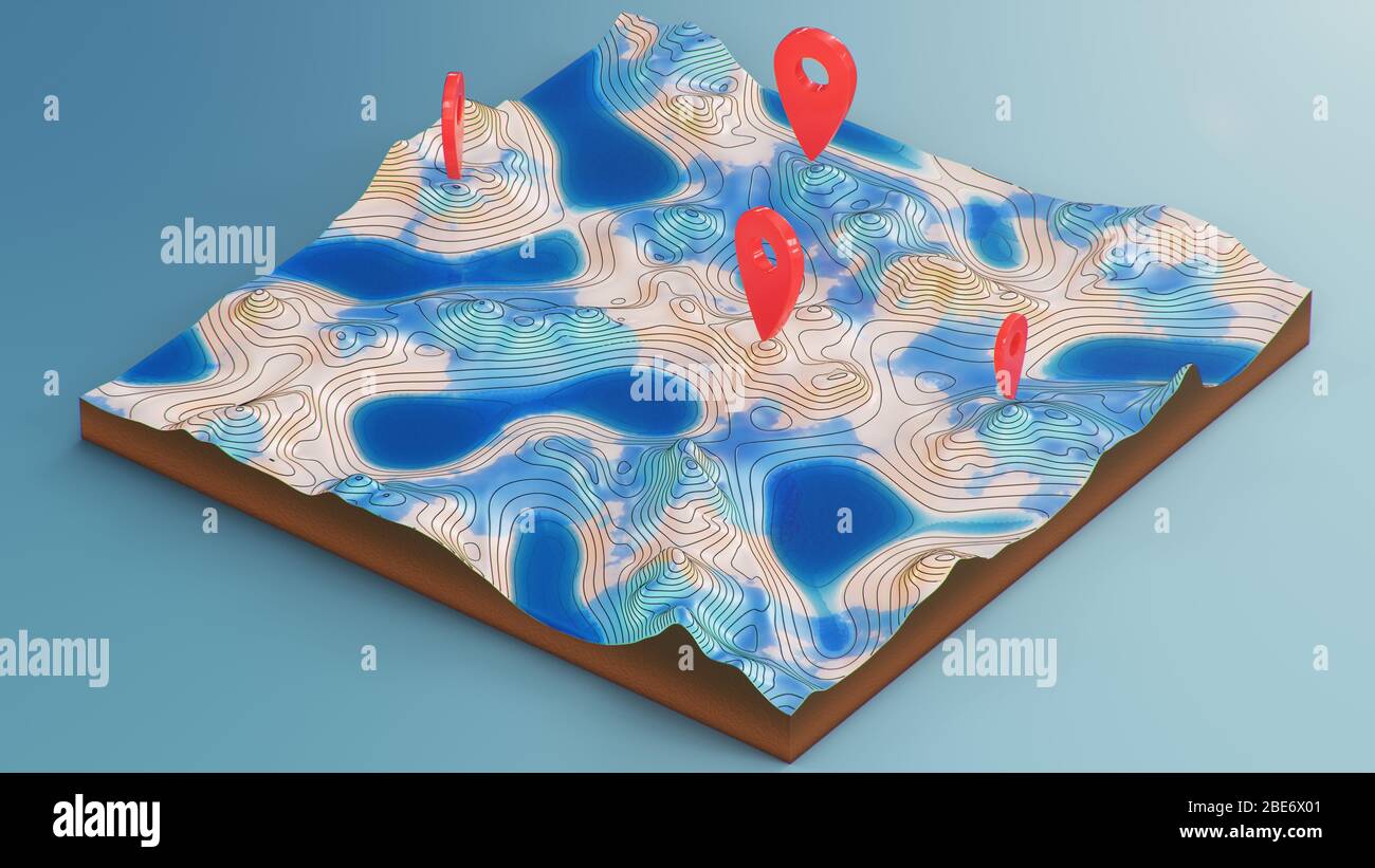 Cross section 3D Map with red point markers. Contour lines on a topographic map. Studying the geography of the area: hills, mountains and plains Stock Photo