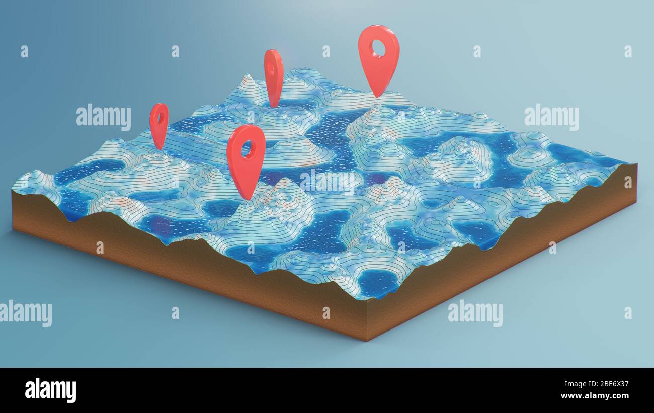 Cross section 3D Map with red point markers. Contour lines on a