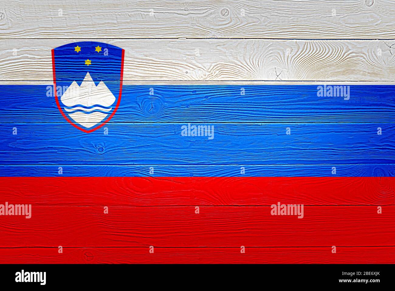 Slovenia flag painted on old wood plank background. Brushed natural ...
