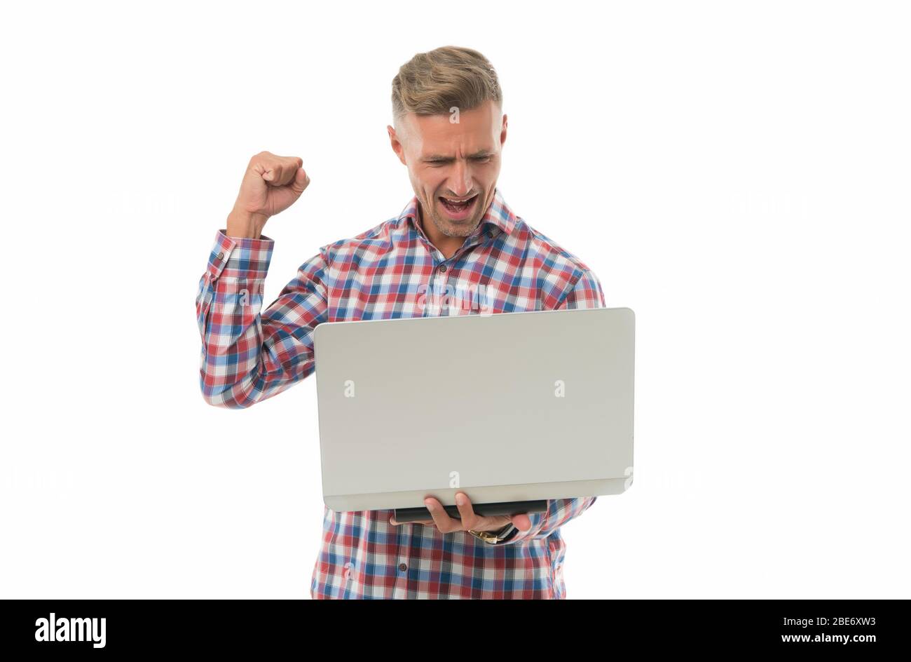 Online betting site. Happy man bet online isolated on white. Online casino and gambling. Computer online gaming. Playing computer video games. New technology. Modern life. Plug and play Stock Photo - Alamy