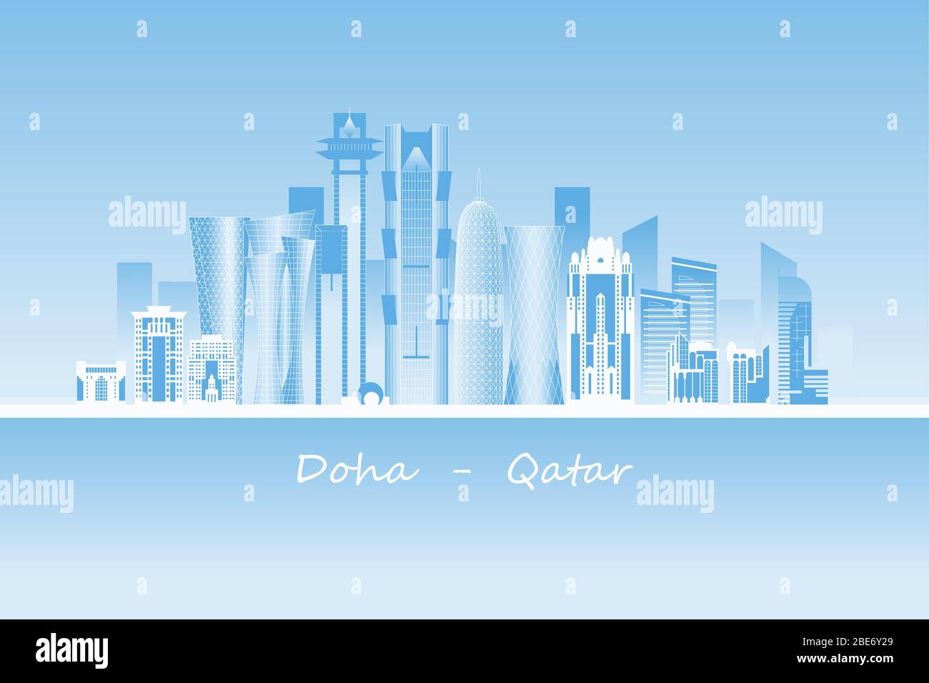 Doha city skyscrapers and landmarks vector illustration. State of Qatar capital. Stock Vector