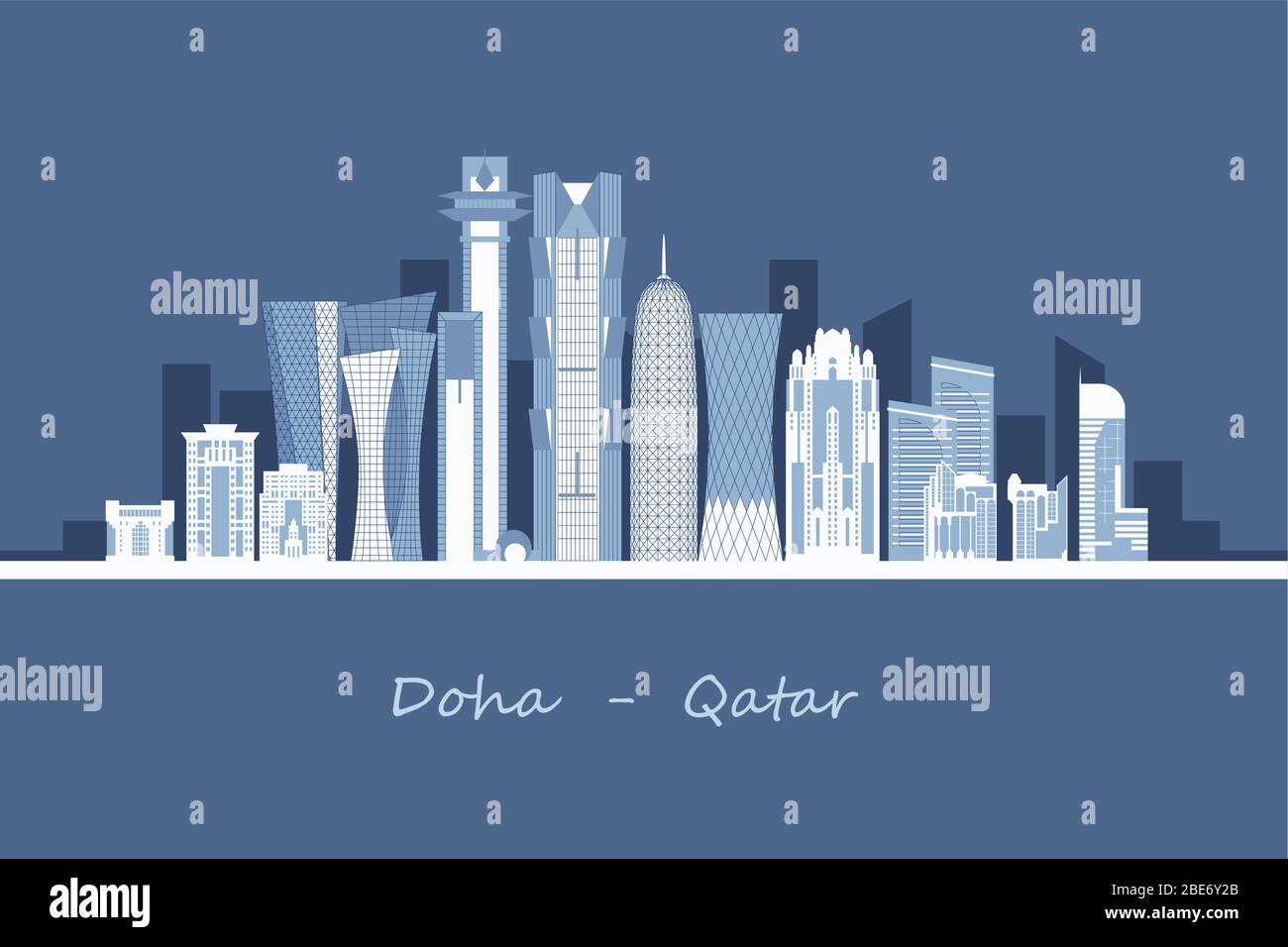 Doha cityscape with skyscrapers and landmarks vector illustration. State of Qatar capital. Stock Vector