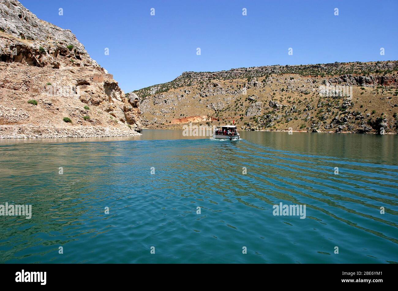 River boat in Euphrates River (Firat), Halfeti, Gaziantep, Turkey. Stock Photo