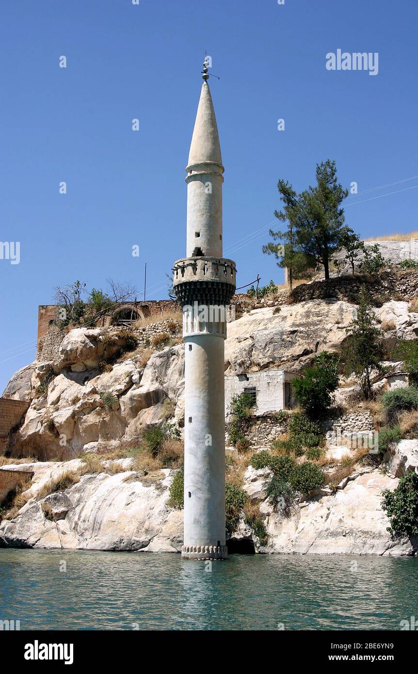 Minaret at sunken village Savasan in Euphrates River (Firat), Halfeti, Gaziantep, Turkey. Stock Photo
