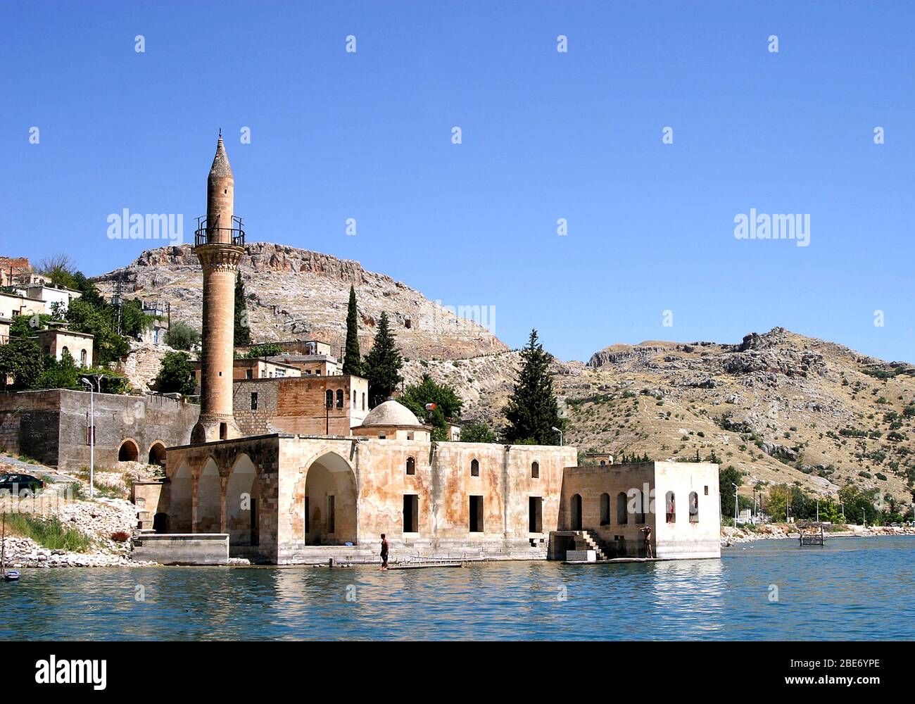 Mosque at sunken village Savasan in Euphrates River (Firat), Halfeti, Gaziantep, Turkey. Stock Photo