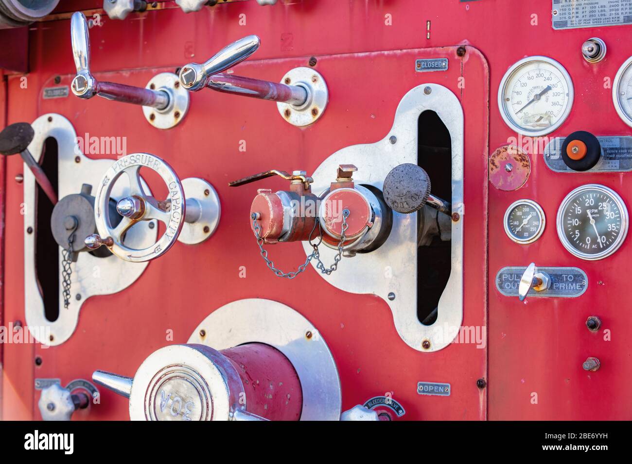 Detailed view of the gauges and dials on an old fire truck Stock Photo