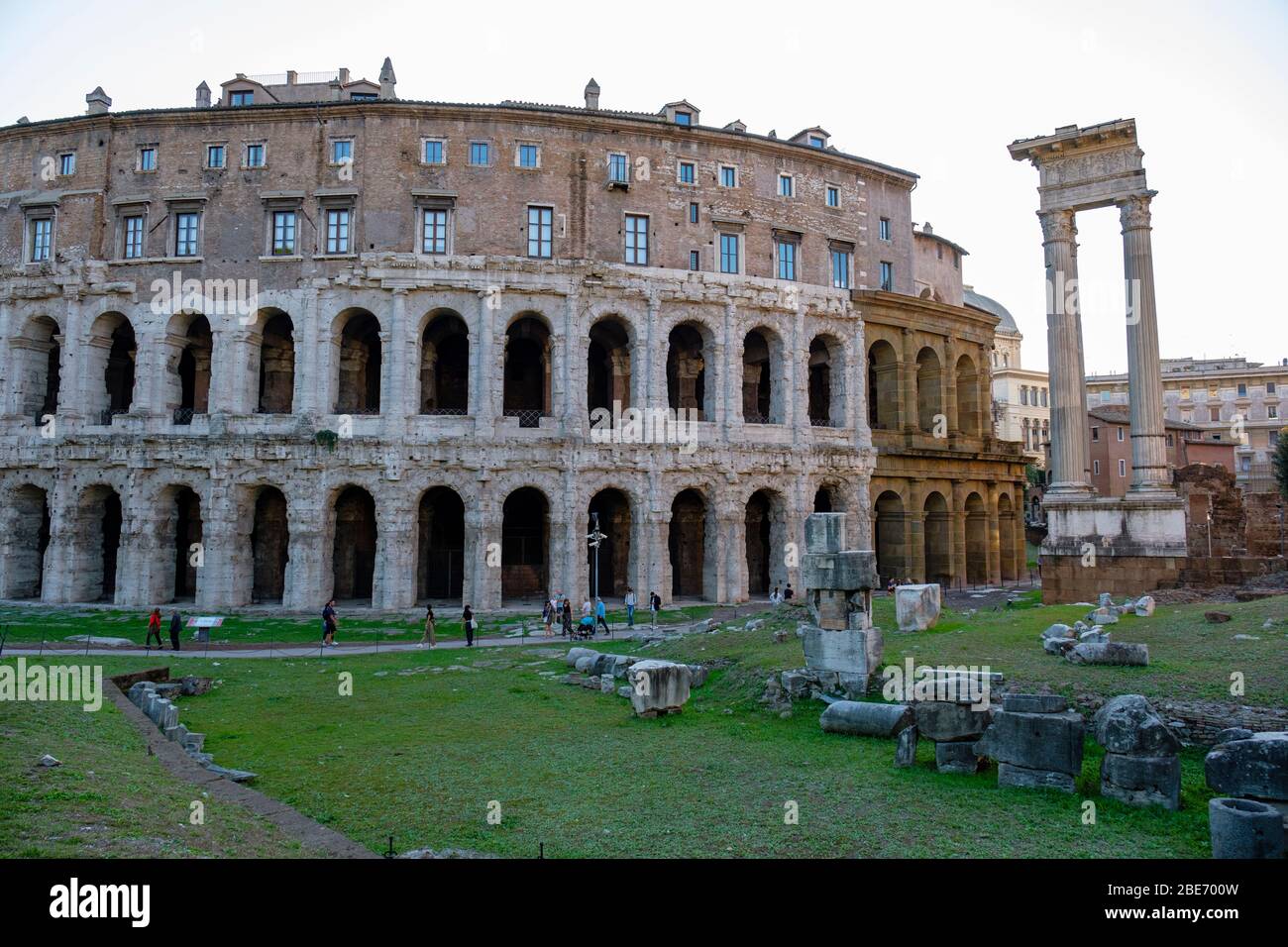 Ancient Rome buildings, Via del Foro Piscario, Temple of Apollo Socianus and Theatre of Marcellus (Teatro di Marcello), Rome, Italy. Stock Photo
