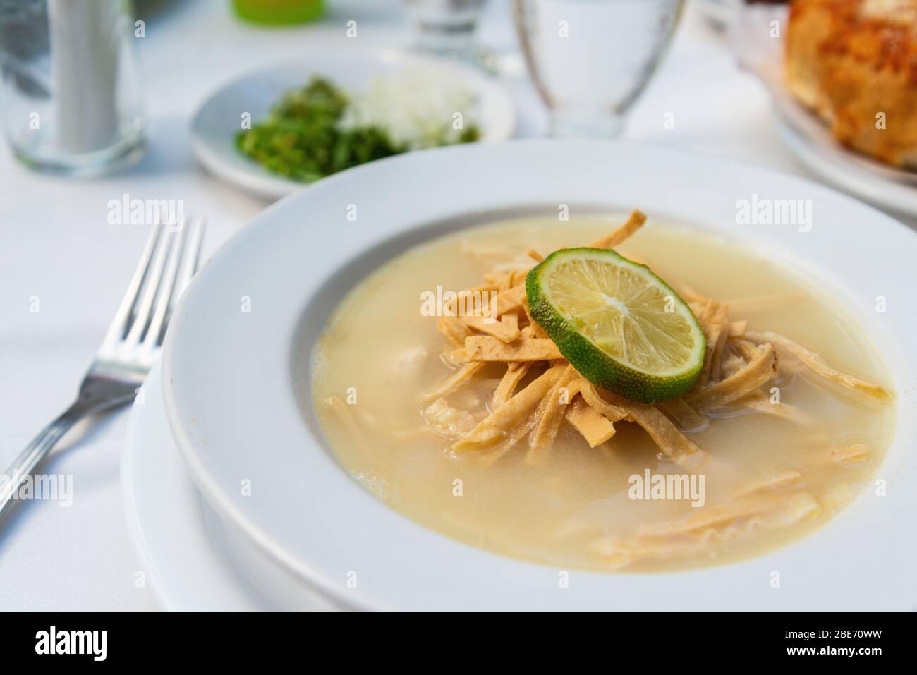 'Sopa de Lima', Lime soup, chicken broth, Mexican food of Yucatan Stock Photo