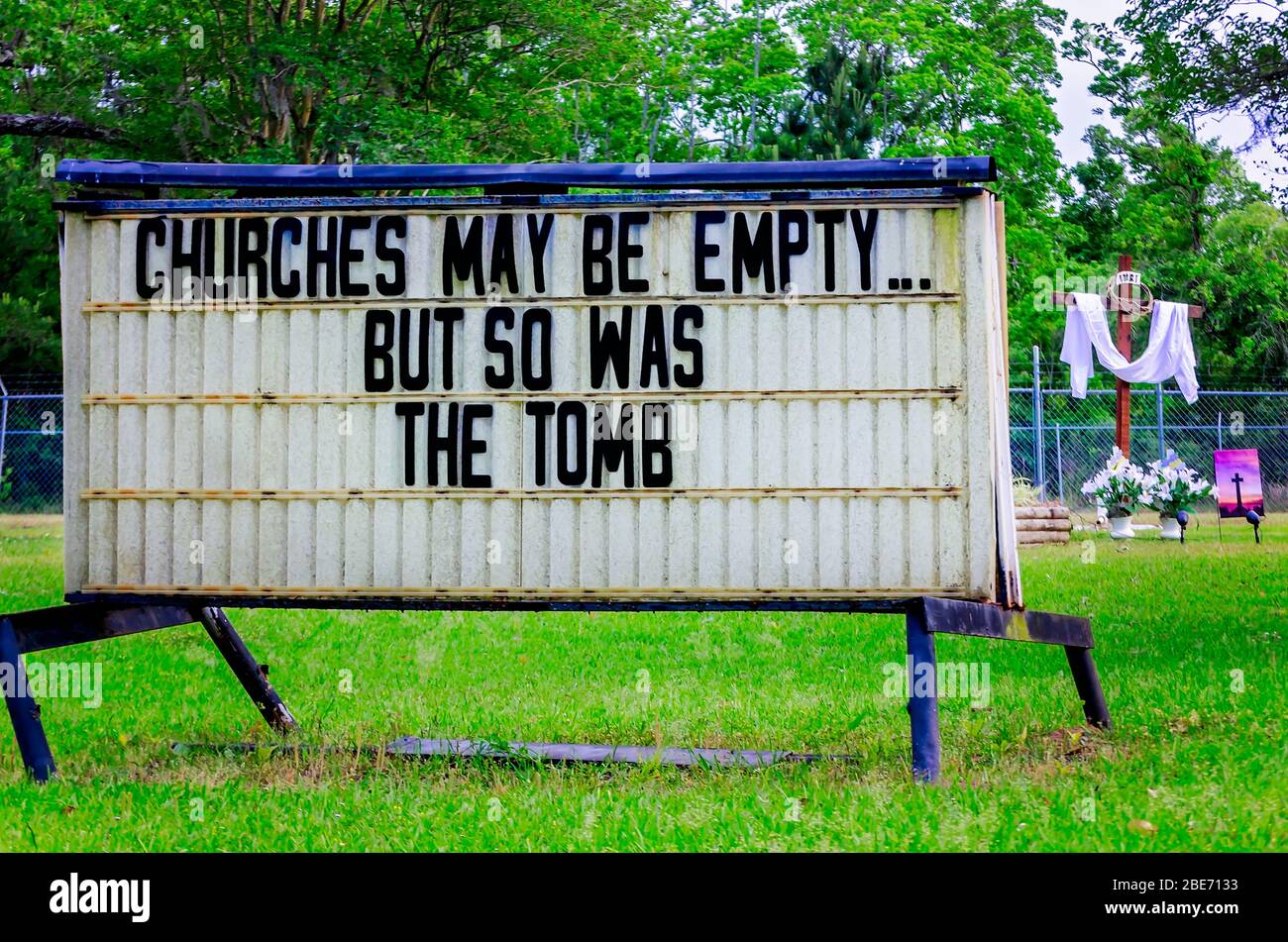 A sign at Coden United Methodist Church offers an Ester message of hope during COVID-19 in Coden, Alabama. Stock Photo