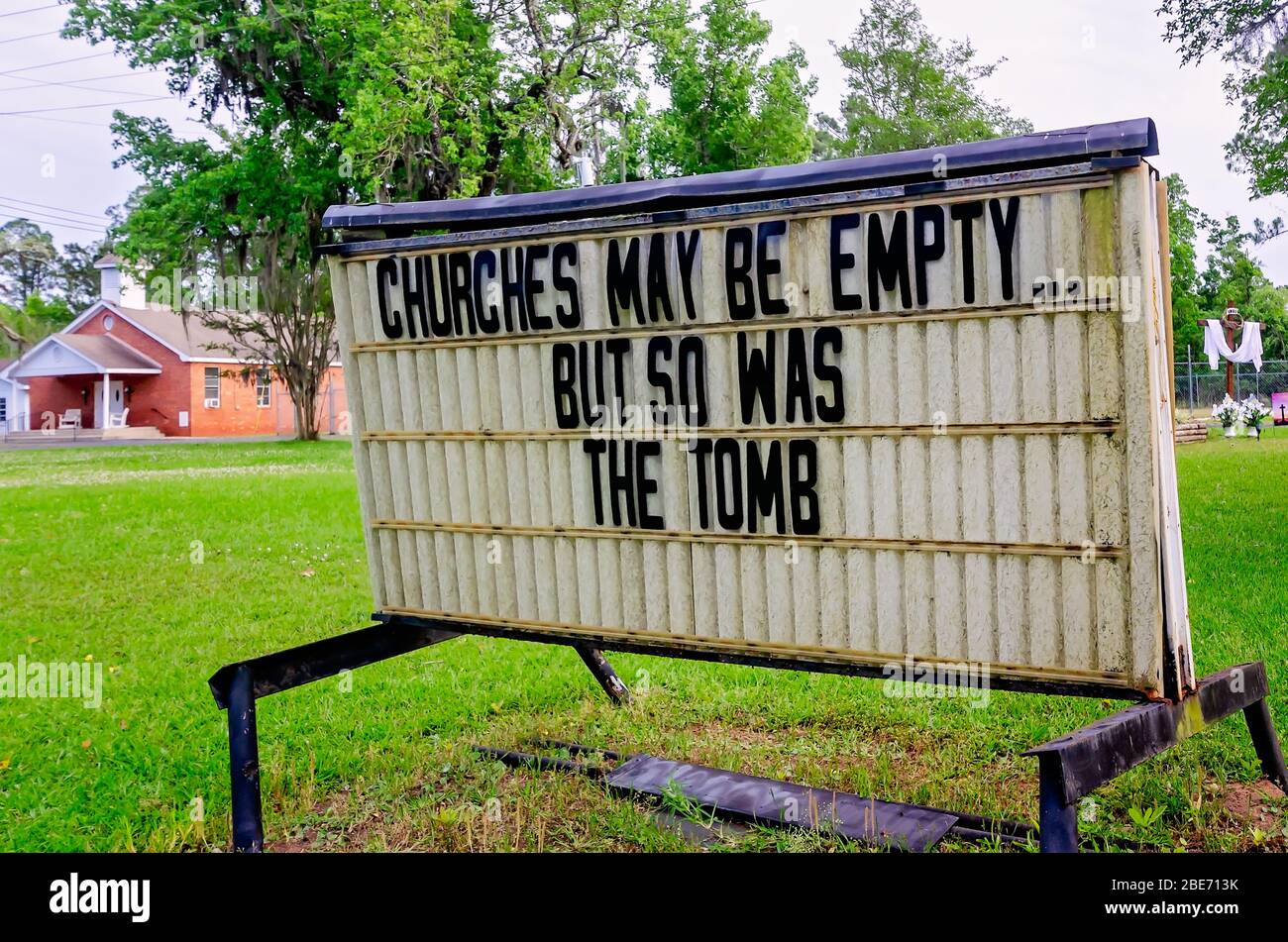 A sign at Coden United Methodist Church offers an Ester message of hope during COVID-19 in Coden, Alabama. Stock Photo