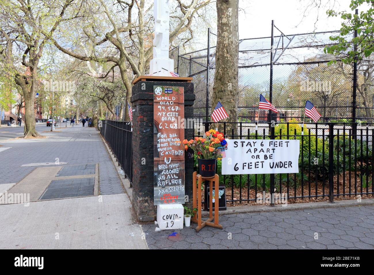 A sidewalk memorial to COVID-19 victims in Tompkins Square Park in Manhattan's East Village in New York during coronavirus. art by Jim Conboy. Stock Photo