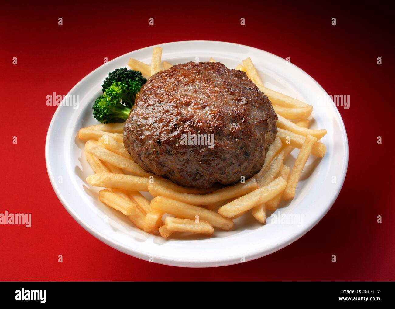 Delicious hamburger plate with french fries and broccoli Stock Photo