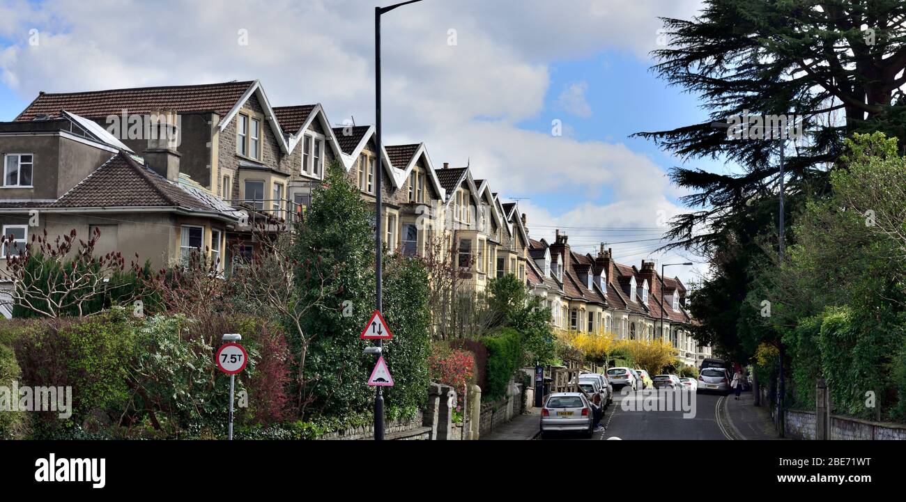 Row of traditional bay fronted Edwardian houses along street, UK Stock Photo