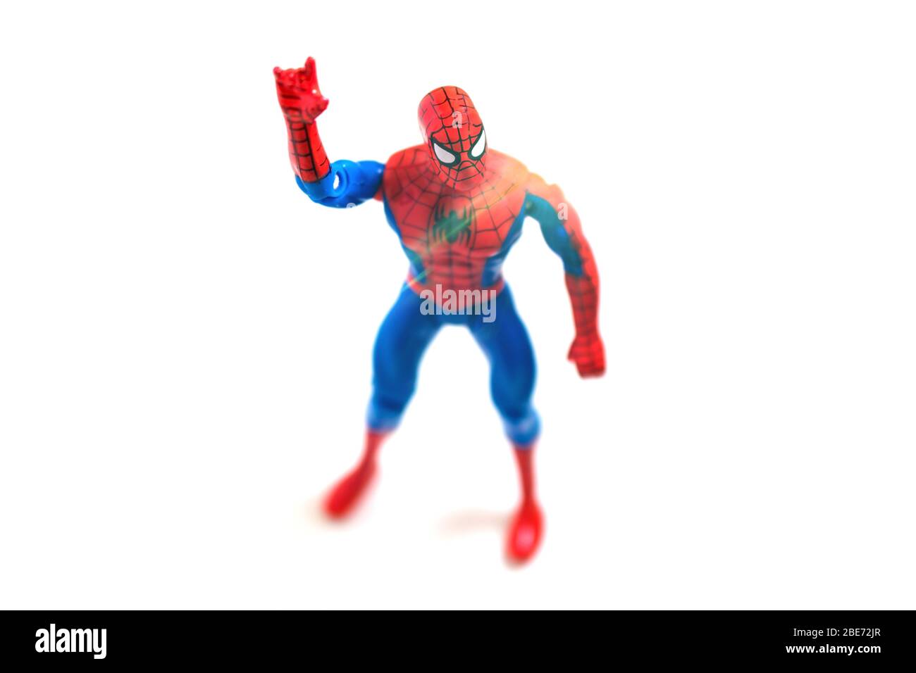 Spider Man model in a white background. Photo with copy space. Stock Photo