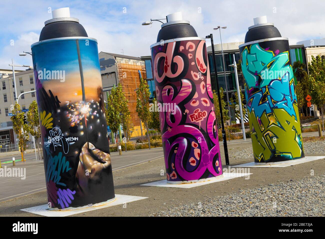 Giant Spray Cans as a street art installation in Christchurch, New