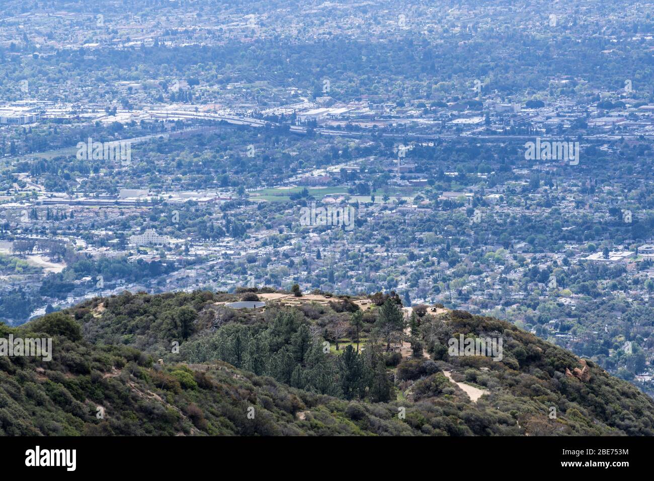 Mountaintop view of Echo Mountain above Pasadena and the San Gabriel Valley in Los Angeles County, California. Stock Photo
