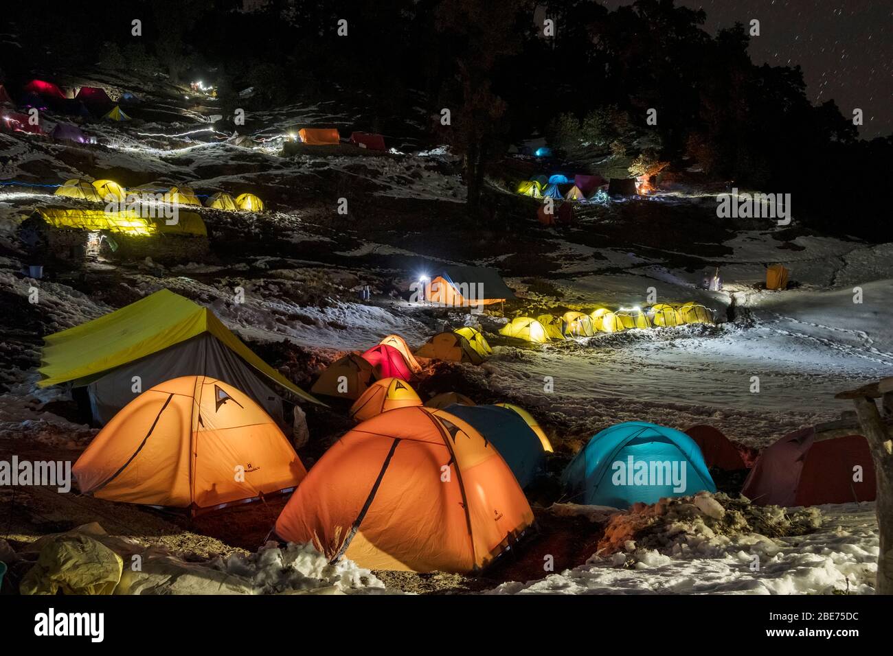 tents pitched up in Himalaya mountains at night, during a multi day trek Stock Photo