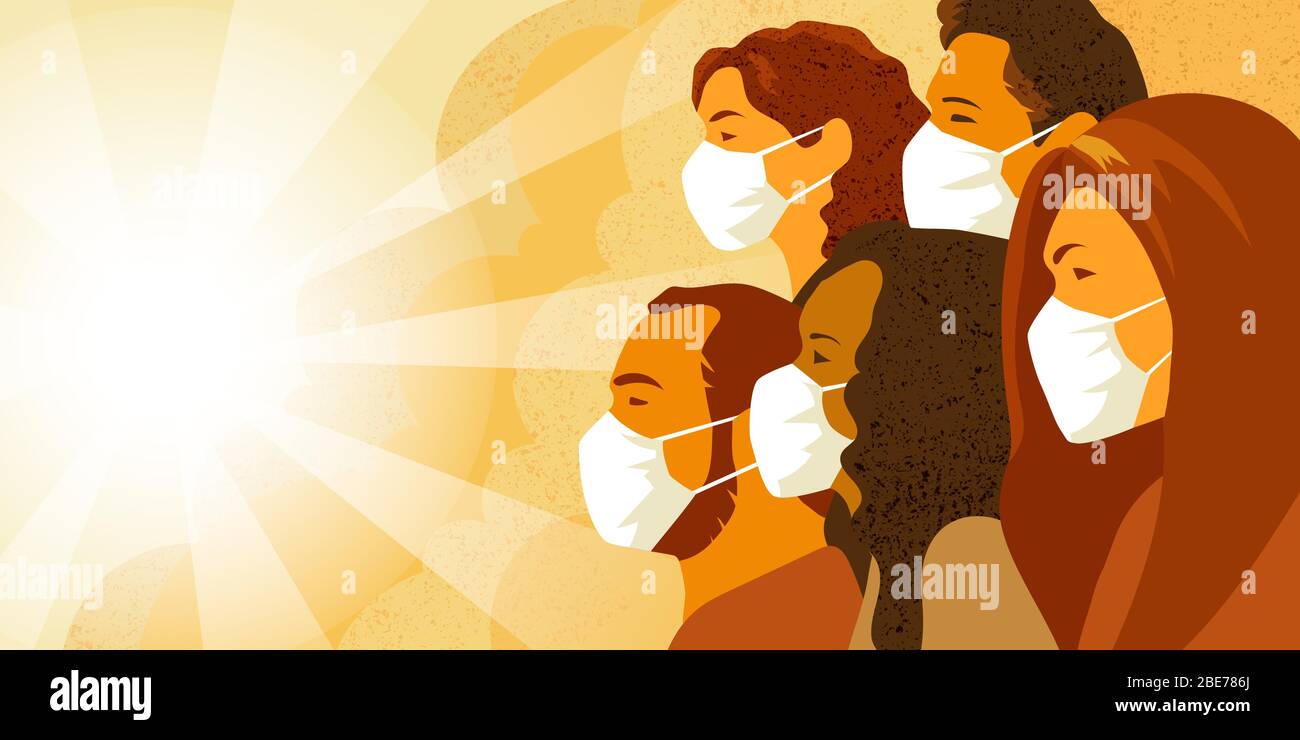 Vector illustration of multinational group of people in medical mask look into the future with hope. Coronavirus COVID-19 pandemia concept.. Stock Vector