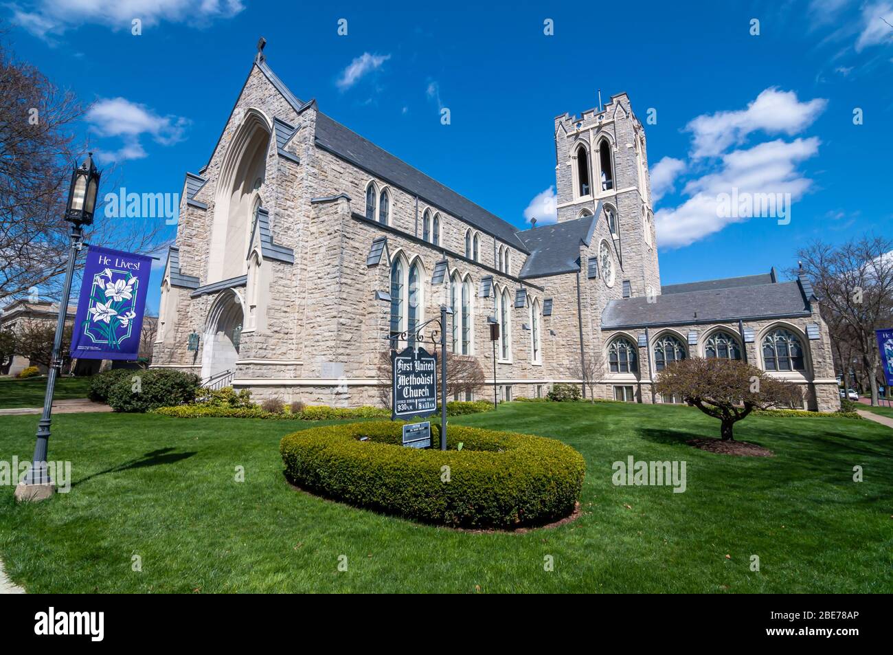 The First United Methodist Church on Market street, opened in this location in 1927, Warren, Pennsylvania, USA Stock Photo