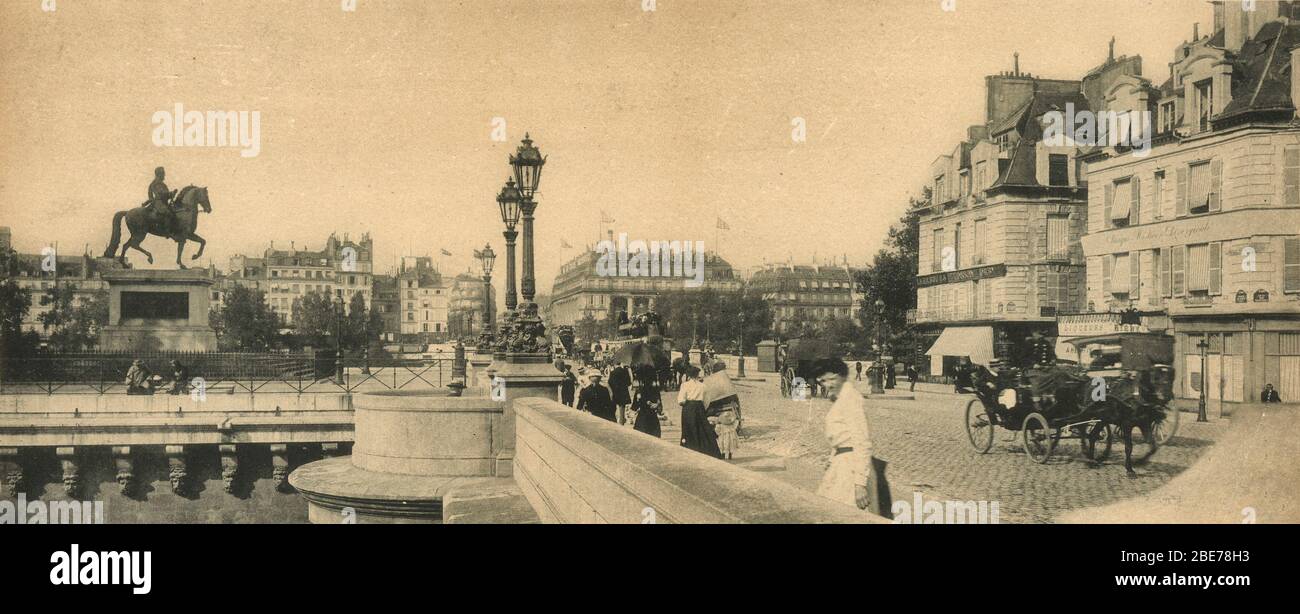 Turn of the century photo of Paris - Le Pont Neuf Henri IV Bridge - January 1, 1900 Stock Photo