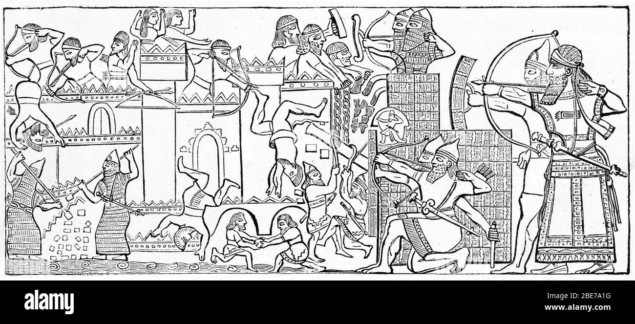 Engraving of a scene from ancient Assyria, showing Assyrians laying siege to a city, from 'Assyria' by Professor Sayce Stock Photo