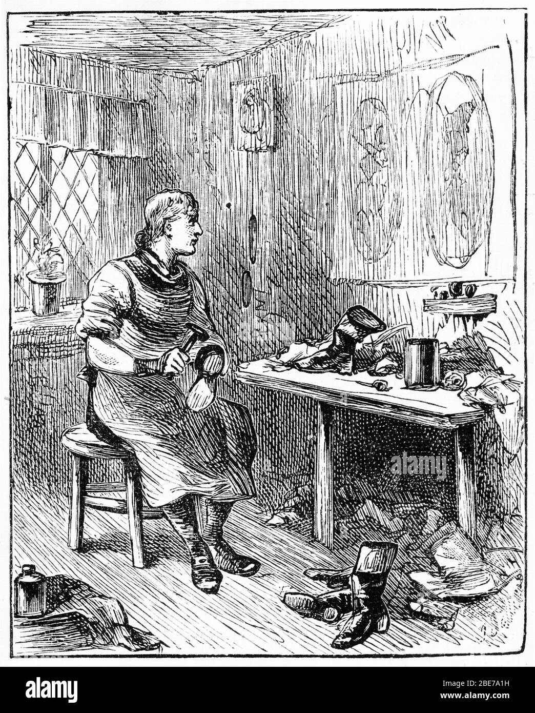 Engraved portrait of a cobbler at work in his workshop making shoes Stock Photo