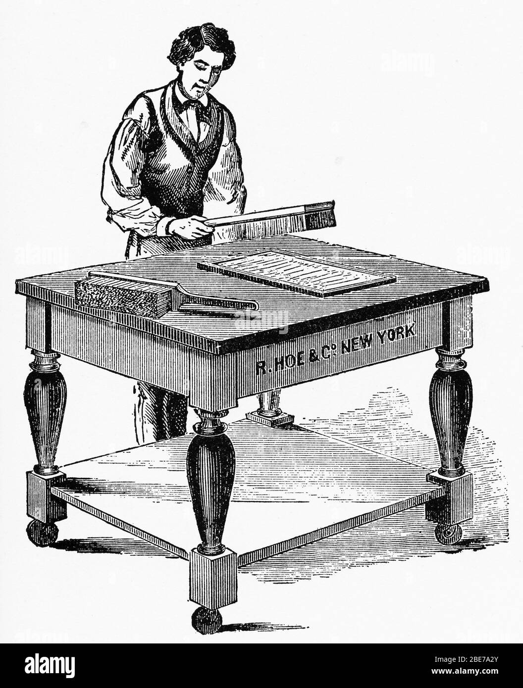 Engraving of a tradesman brushing off the dust on a stereotype, reproducing the plates of printed type used for making books Stock Photo