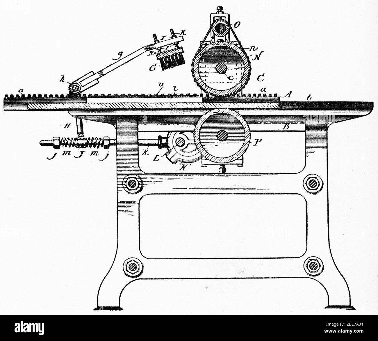 Engraving of a brush beating machine for making stereotypes, reproducing the plates of printed type used for making books Stock Photo