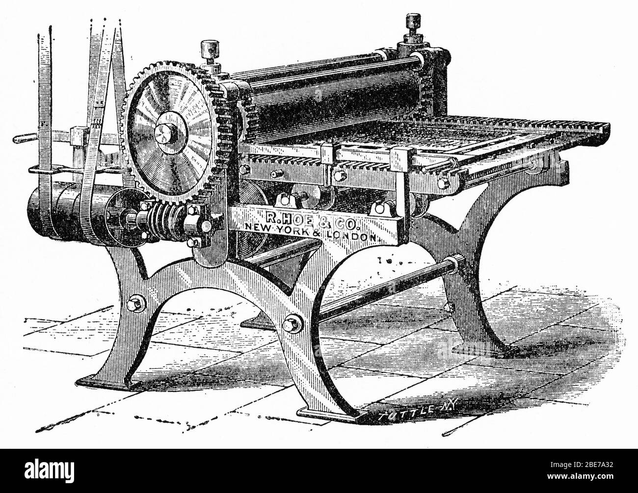 Engraving of a matrix rolling machine for newspaper work with the paper-mache process, reproducing the plates of printed type used for making books Stock Photo