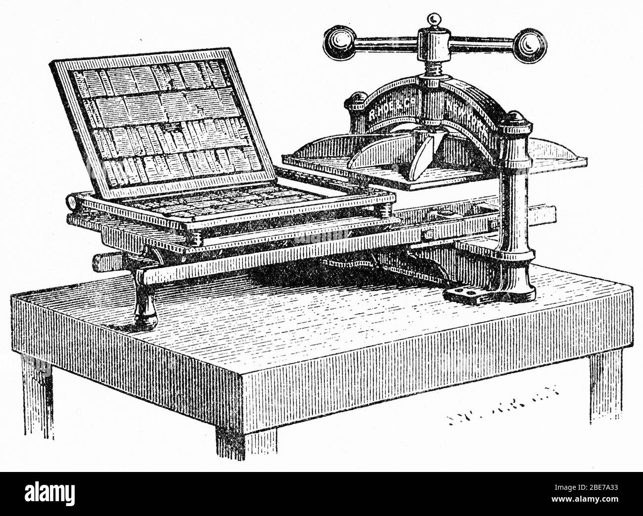 Engraving of a press used for stereotype moulding to reproduce the plates of printed type used for making books Stock Photo