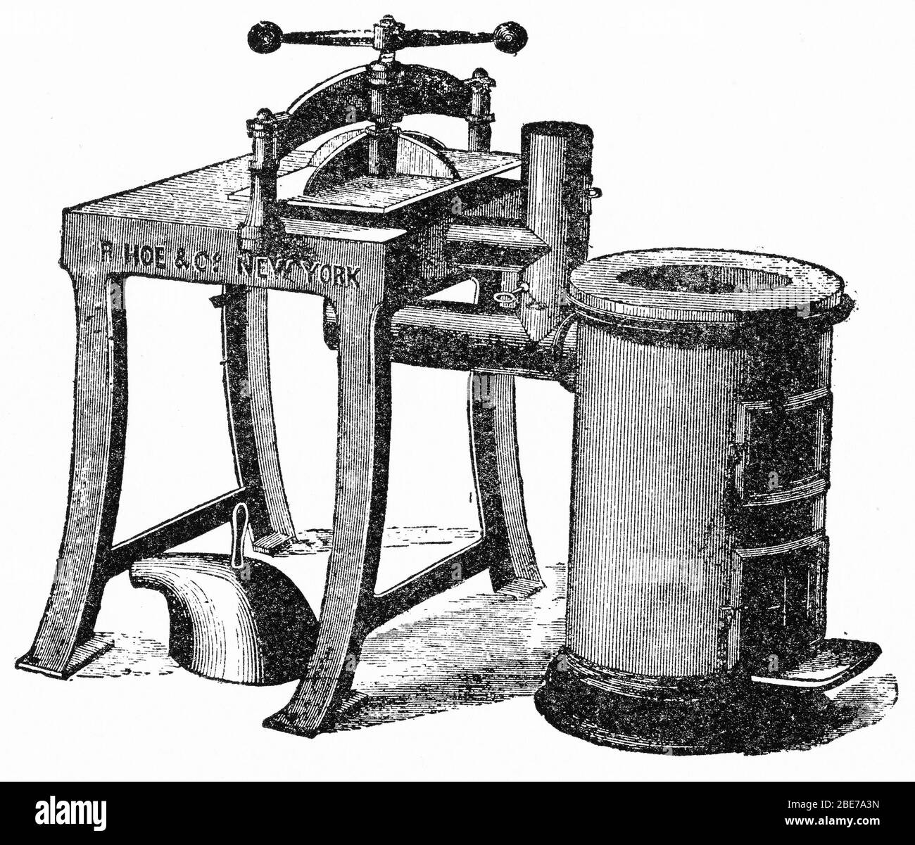 Engraving of a small melting pot and drying surface for a stereotype foundry, reproducing the plates of printed type used for making books Stock Photo