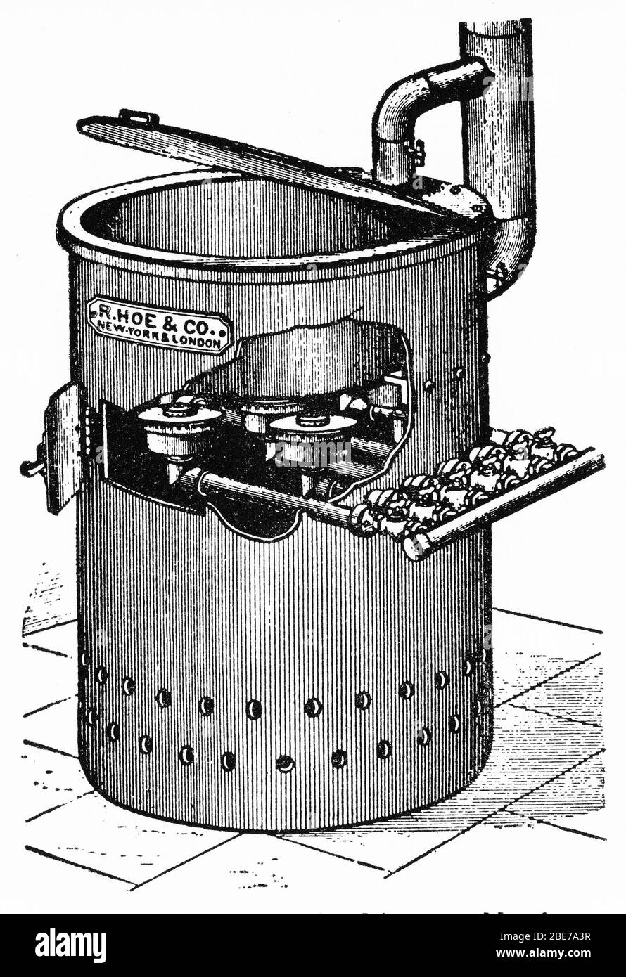Engraving of a gas furnace for linotype metal used in the printing trade Stock Photo