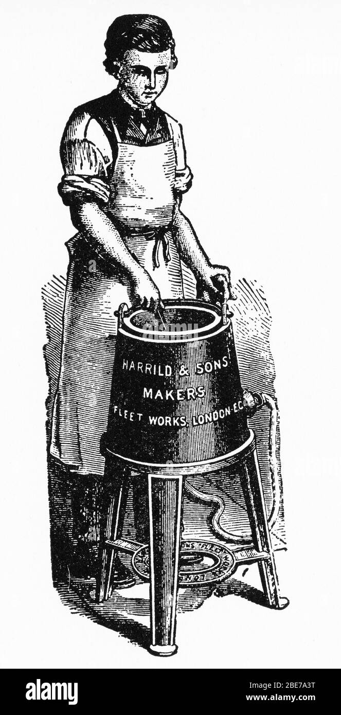 Engraving of a gas-powered melting pot a stereotype foundry, used for reproducing the plates of printed type used for making books Stock Photo